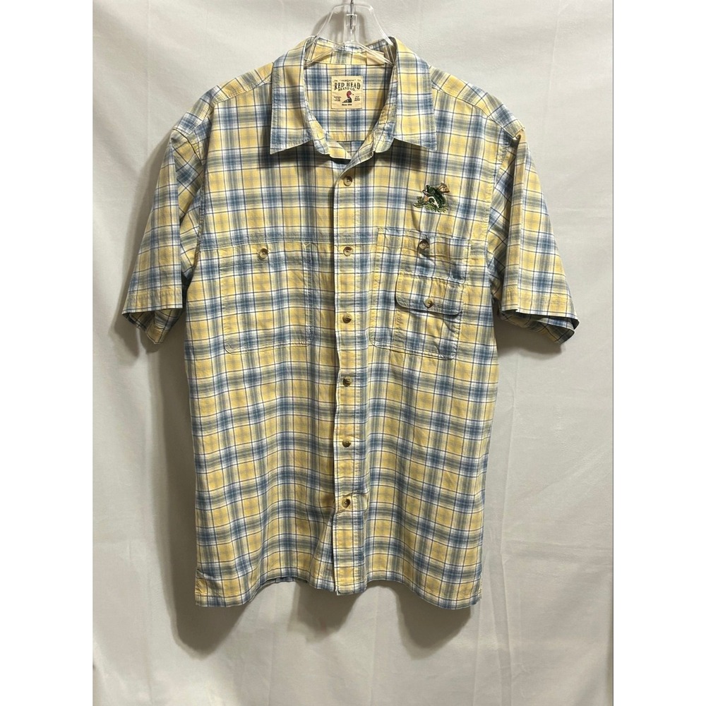 RedHead Brand Co Mens Plaid Short Sleeve Button Down Shirt Yellow Blue Duck XL